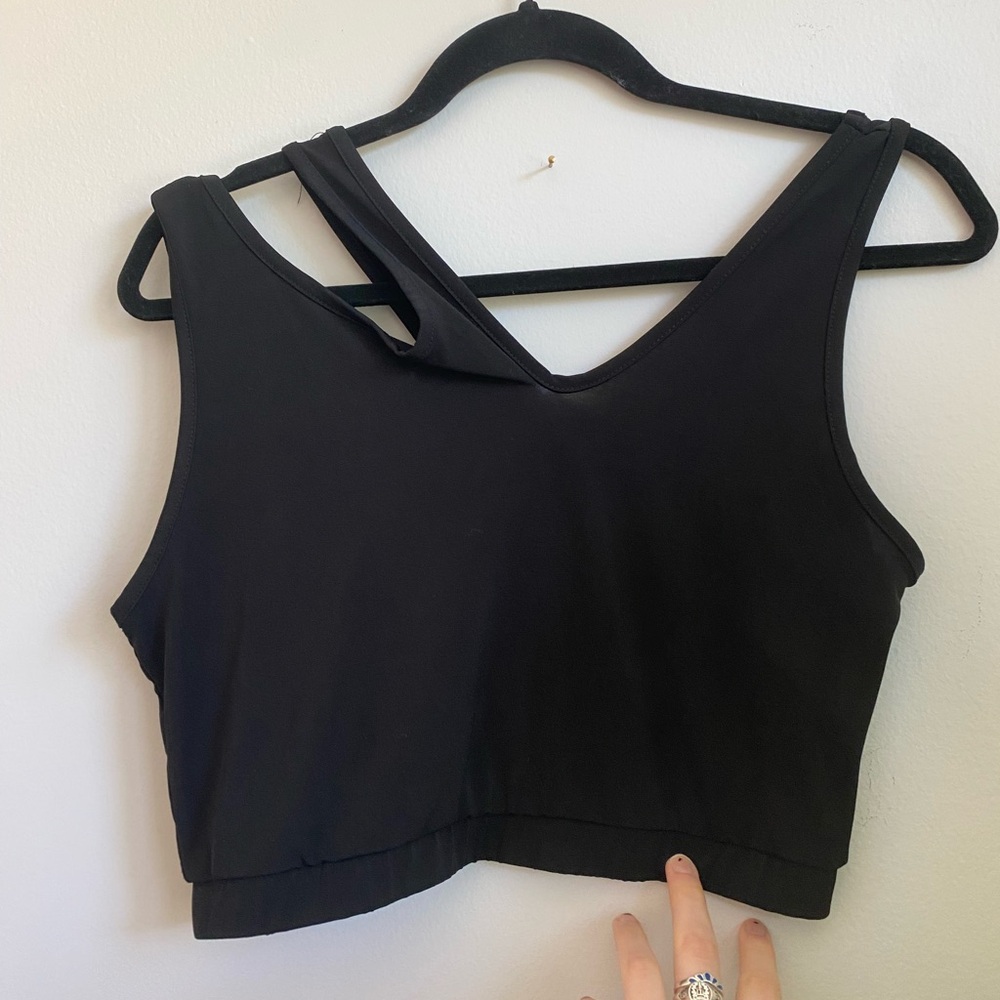 Black tank crop top with shoulder cut out